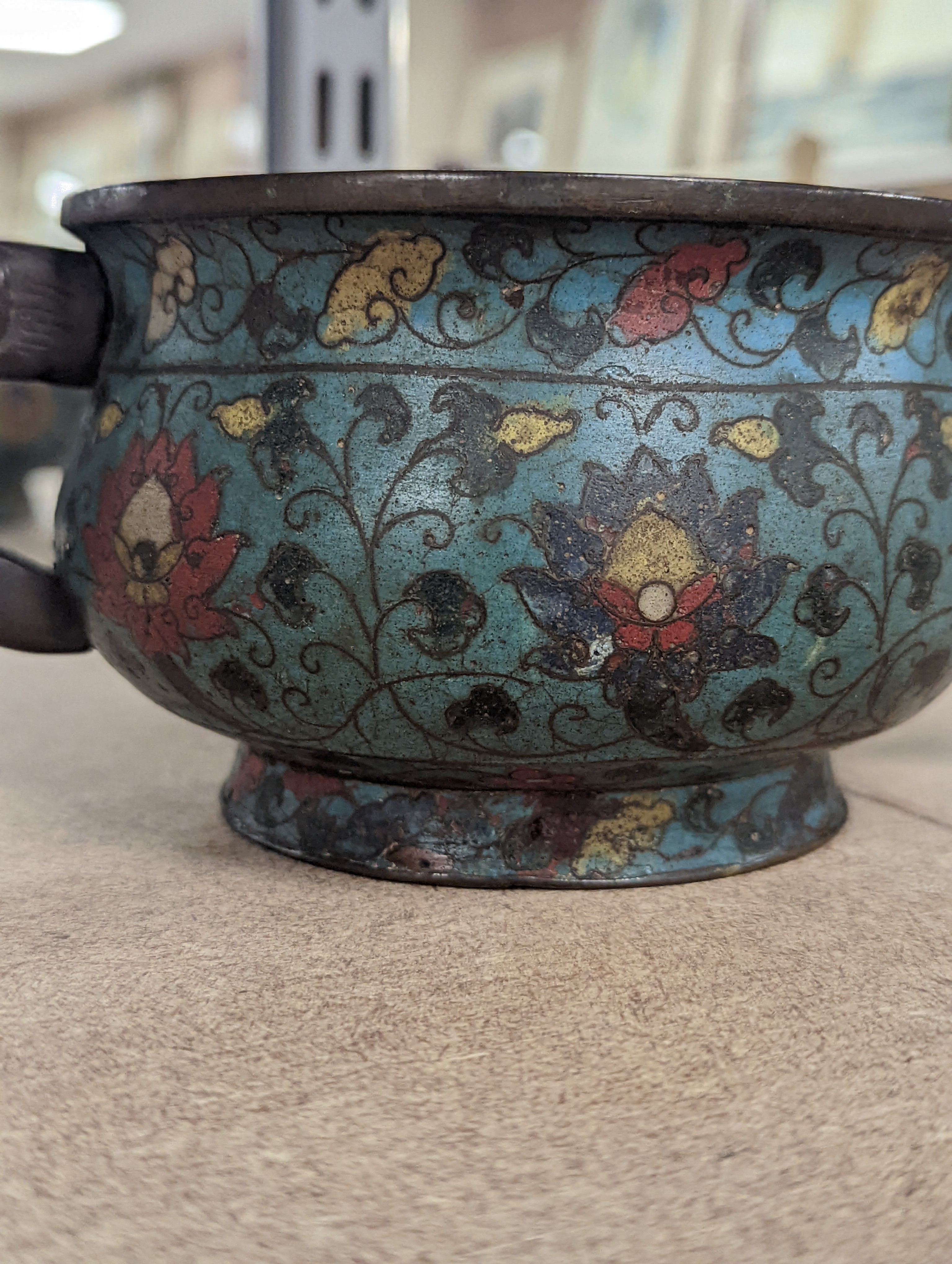 A Chinese late Ming dynasty bronze and cloisonné enamel ding censer 18cm